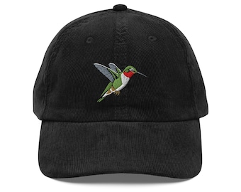 Ruby Throated Hummingbird Vintage Embroidered Corduroy Cap, Bird Lover Hat, Nature Gift