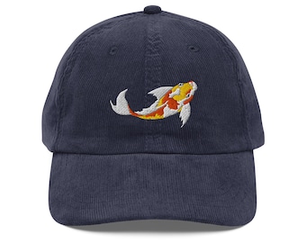 Koi Embroidered Fish Vintage Corduroy Cap | Stylish Fishing Hat | Adjustable Cap for Fish Lovers & Fashionistas