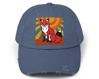 Groovy Retro Sunshine Fox Woodland Vibes Unisex Distressed Cap