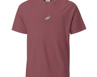 Whooping Crane T-Shirt | Embroidered Bird Design | Unisex Heavyweight Garment-Dyed Tee | Nature Lover Gift