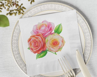 Three Roses White Coined Napkins - Luncheon (6.5" x 6.5") and Beverage (4.8" x 4.8")