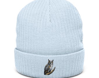 Horned Owl Embroidered Ribbed Knit Beanie – Eco-Friendly Winter Hat