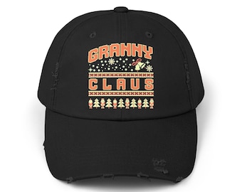 Granny Claus Distressed Cap, Christmas Hat, Santa Grandma Gift, Vintage Style Beanie, Holiday Headwear, Festive Baseball Cap