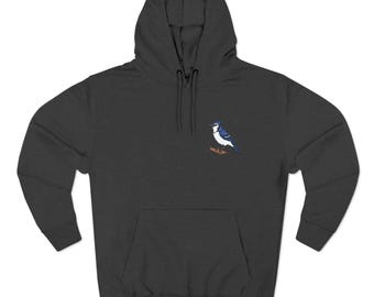 Blue Jay Embroidered Bird Hoodie, Three-Panel Fleece Sweatshirt, Winter Wear, Nature Lover Gift, Wildlife Apparel, Animal Lover Present