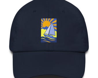 Embroidered Colorful sailboat in bold retro style with bright sun, waves, and mountains Dad hat