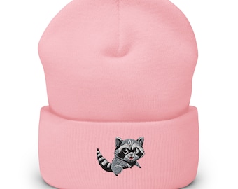 Happy Raccoon Beanie - Cute Embroidered Winter Hat - Cozy Cuffed Knit for Men & Women - Unique Gift Idea
