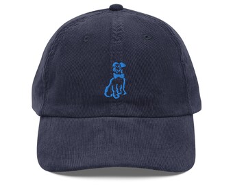 Blue Dog with Bow Tie Embroidered Vintage Corduroy Cap - Cute Pet Lover Hat, Adjustable Size, Unique Gift for Dog Owners