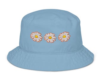 Organic Embroidered Bucket Hat with Three Groovy Daisies – Boho Sun Hat for Women & Men