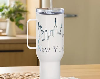 New York Cityscape Travel Mug with Handle | 40 Ounce Insulated Stainless Steel Coffee Cup for On-the-Go