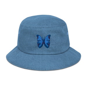 Blue Butterfly Embroidered Denim Bucket Hat: Festival Fashion