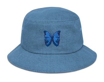 Blue Butterfly Embroidered Denim Bucket Hat – Casual Fashion Accessory, Festival Style, Unique Gift Idea