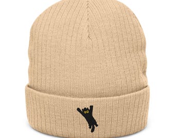 Funny Black Cat Embroidered Ribbed Knit Winter Beanie Hat, Cozy Streetwear