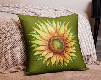 Sunflower Throw Pillow - Green Floral Decor for Couch, Vibrant Nature-Inspired Cushion