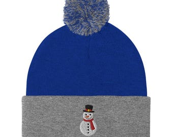 Snowman Beanie with Pom-Pom | Embroidered Winter Hat | Cute Snowman Knit Cap for Cold Weather