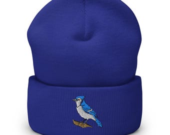 Blue Jay Cuffed Beanie | Embroidered Bird Beanie Hat | Winter Warmth & Style | Cute Gift for Bird Lovers