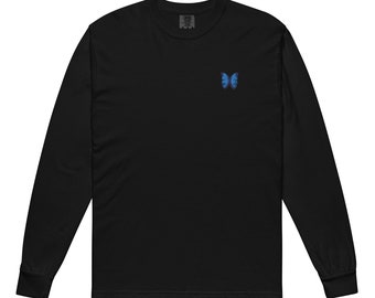 Blue Butterfly Embroidered Long-Sleeve Shirt Unisex, Heavyweight Garment-dyed Top, Unique Casual Wear, Adult Sizes