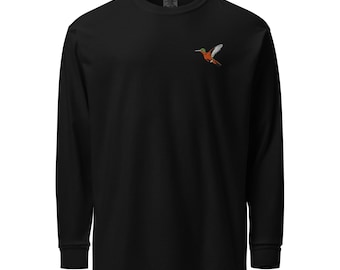 Cinnamon Hummingbird Shirt, Embroidered Long Sleeve Tee, Garment-Dyed Heavyweight Top, Nature Lover Gift, Birdwatcher Apparel