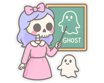 Kawaii Skeleton Teacher Ghost Sticker: Pastel Halloween Die Cut Vinyl