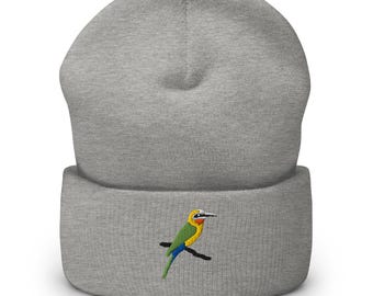 White Fronted Bee Eater Beanie | Embroidered Bird Cuffed Hat | Cozy Winter Accessory for Nature Lovers & Birdwatchers