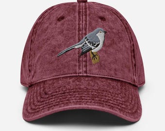 Northern Mockingbird Embroidered Vintage Cap - Cotton Twill Hat - Bird Lover Gift - Adjustable Hat