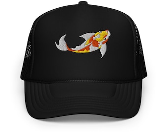 Koi Fish Embroidered Trucker Hat Foam Mesh Baseball Cap Unique Japanese Style Adjustable Snapback