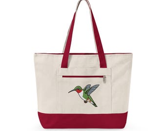 Ruby Throated Hummingbird Zippered Canvas Tote