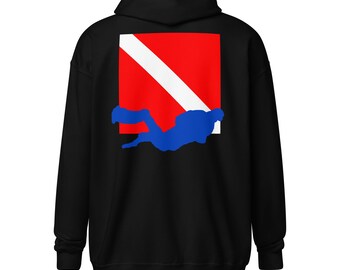 Zip Hoodie - Diver Down Back Print Unisex Heavy Full Zip Hoodie for Comfort & Style, Perfect Gift for Ocean Lovers