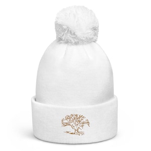 Embroidered Tree Pom Pom Beanie: Unisex Cuffed Knit Hat