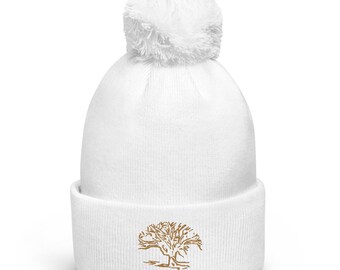 Pom pom beanie Embroidered Gnarly Tree Unisex Adult One Size Beanie Hat