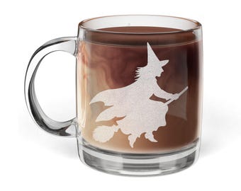 Engraved Flying Witch Glass Coffee Mug, 12.25oz (Engraving)