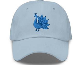 Blue Peacock Embroidered Dad Hat - Handmade & Adjustable, Perfect Gift for Him, Stylish Casual Headwear, Unique Design