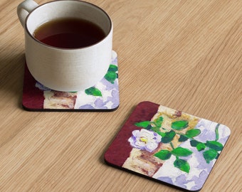White Garden Flower Cork Coaster - Decorative Table Protection - Unique Hostess or Birthday Gift
