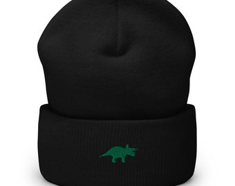 Triceratops Dinosaur Embroidered Beanie - Cute Prehistoric Cuffed Winter Hat for Adults - Fun Dino Accessories