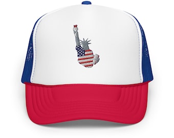 Statue of Liberty Embroidered Trucker Hat - Patriotic Foam Cap, USA Gift, Unisex Adjustable Snapback