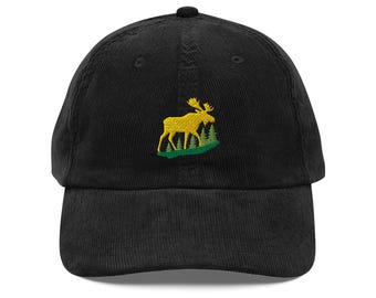 Corduroy Dad Hat: Embroidered Golden Moose Pine Tree Design