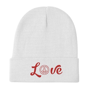 Beanie Cotton Acrylic Blend Red Love with Peace Design Embroidery Unisex Adult Beanie Hat