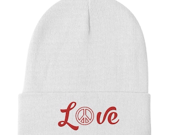 Beanie Cotton Acrylic Blend Red Love with Peace Design Embroidery Unisex Adult Beanie Hat