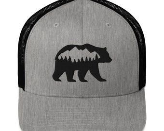 Mountain Grizzly Bear Trucker Cap Embroidered Outdoor Hat Adjustable Snapback Gift for Men & Women