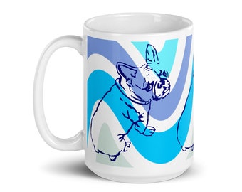 Dog Line Art Coffee Mug - Retro Blue French Bulldog White Glossy Mug, Cute Pet Lover Gift, Animal Themed Drinkware, Unique Coffee Cup