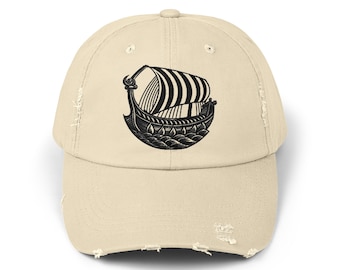 Viking Ship Distressed Cap - Unisex Adjustable Hat, Norse Headwear for Men & Women, Perfect Gift for History Lovers