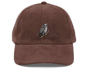 Great Horned Owl Cap Vintage Embroidered Corduroy Hat for Nature Lovers and Wildlife Fans
