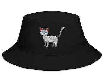 Cute White Cat Embroidered Bucket Hat - Kawaii Animal Summer Hat - Cat Lovers Gift - Casual Streetwear Accessory