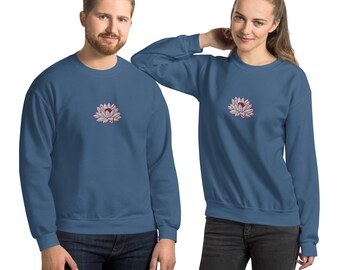 White and Pink Lotus Flower Embroidered Unisex Sweatshirt | Cozy and Stylish Floral Design Apparel