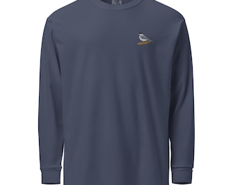 Embroidered Chickadee Long Sleeve Shirt: Garment-Dyed Cotton, Nature Lover Gift