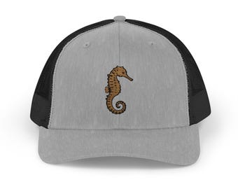 Seahorse Embroidered Trucker Cap, Snapback Hat, Ocean Beach Theme, Coastal Accessories, Summer Fashion, Nautical Headwear