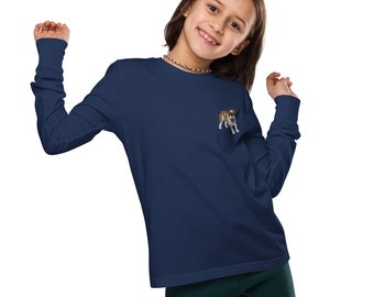 Embroidered T Shirt Youth long sleeve tee Bulldog with Blue Ball