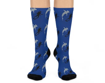 Swimming with Shark Socks, Ocean Theme One Size Unisex Crew Socks, Diving Apparel, Shark Footwear, SCUBA DIVER Gift, Shark Lover Present