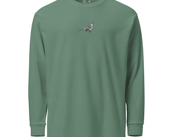 Mockingbird Embroidered Long Sleeve Shirt Heavyweight Garment-Dyed Bird Tee Casual Vintage Style