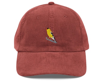 American Gold Finch Cap, Vintage Embroidered Bird Corduroy Hat for Nature Lovers & Birdwatchers, Unique Gift Idea