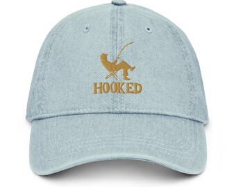 Hooked Embroidered on Fishing Denim Hat – Funny Fishing Hat – Vintage Washed Cap for Outdoorsy Men – Fisherman Gift